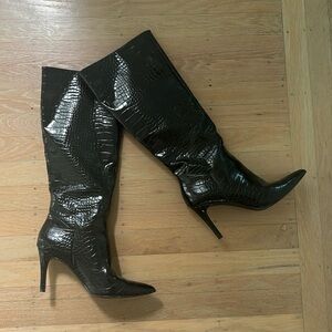 Black croc-embossed pointed toe boots